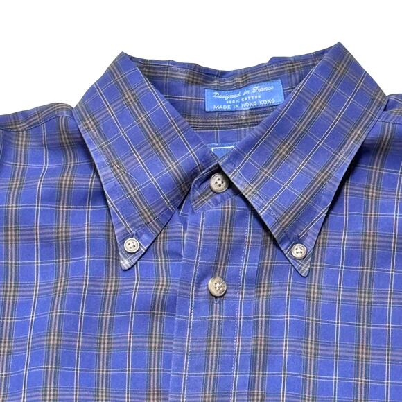 Faconnable Button Down Plaid Classic Shirt Long Sleeve Pocket Blue Men's Medium - Picture 2 of 11